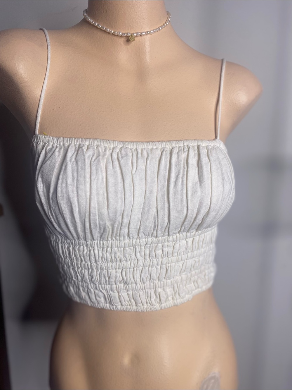 Abercrombie & Fitch White Smocked Spaghetti Strap Crop Cami
